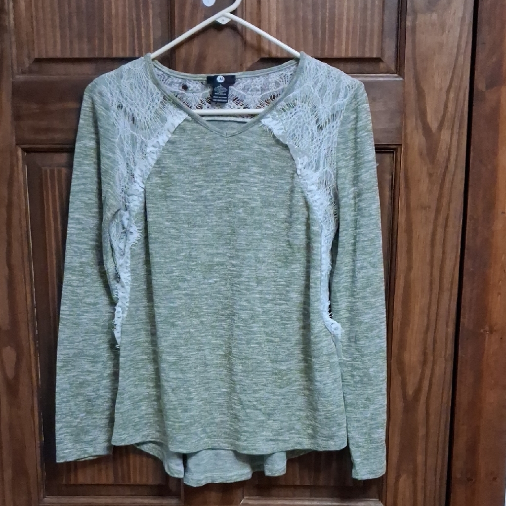 Olive Green Lace-Shoulder Long Sleeve Top